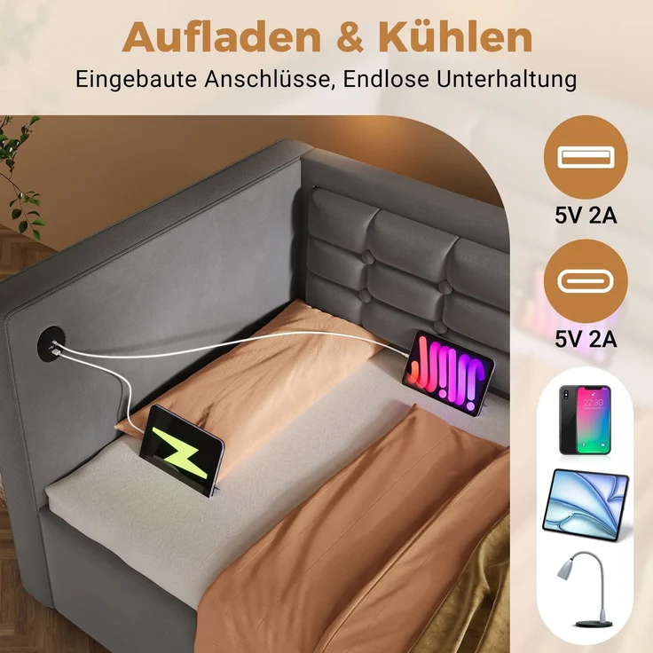 Polstertes Schlafsofa 205×106×75cm,Samt mit hydraulischem Stauraum, USB- & Type‑C‑Ladestation,Grau – Bild 7