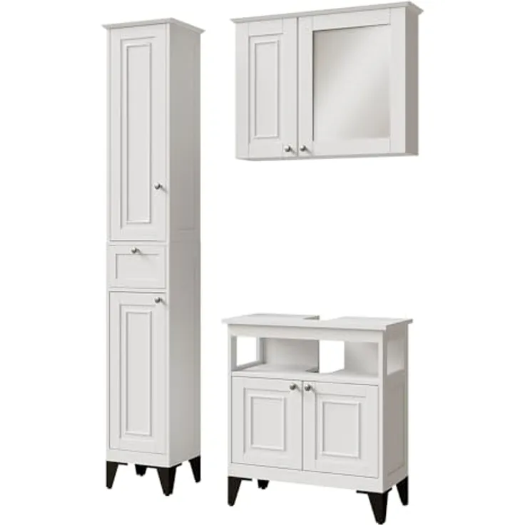 Vichy Badmöbelset Vanity, 3-teiliges Badezimmermöbelset in Weiss mit Waschbeckenunterschrank, Spiegelschrank und Hochschrank