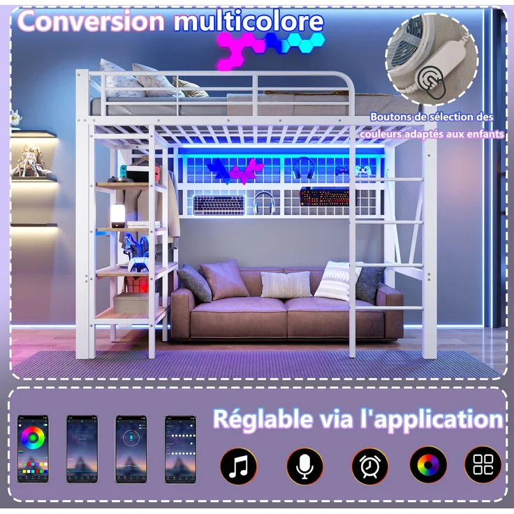 EINHOM Hochbett, 90 x 200 cm, Eisenrahmen, Ablagefach, Netz zum Aufhängen von Gegenständen, mit Kleiderstange, Offener Raum unter dem Bett, mit LED-Lichtleiste, Weiß (Ohne Matratze) – Bild 5