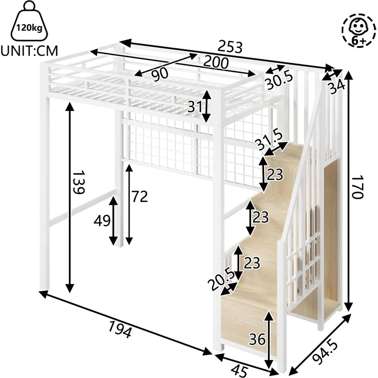 EINHOM Hochbett, 90 x 200 cm, Eisenrahmen, Kleiderschrank, Stauraumleiter, Gitter zum Aufhängen von Gegenständen, Freifläche unter dem Bett, 7-farbige LED-Leuchten, Weiß (Ohne Matratze) – Bild 2
