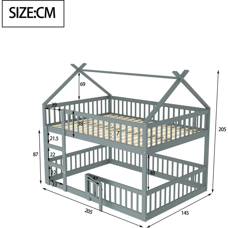 Etagenbett 140x200 cm mit Treppe und Tür – Massivholz Hoch-/Familienbett, Grau – Bild 10