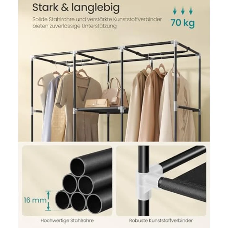 Songmics Kleiderschrank, Garderobe, Kleiderständer mit Vliesstoffbezug, Hängestangen, Ablagen, 45 x 130 x 168 cm, große Kapazität, für Schlafzimmer, Wohnzimmer, tintenschwarz RYG096B01 – Bild 5