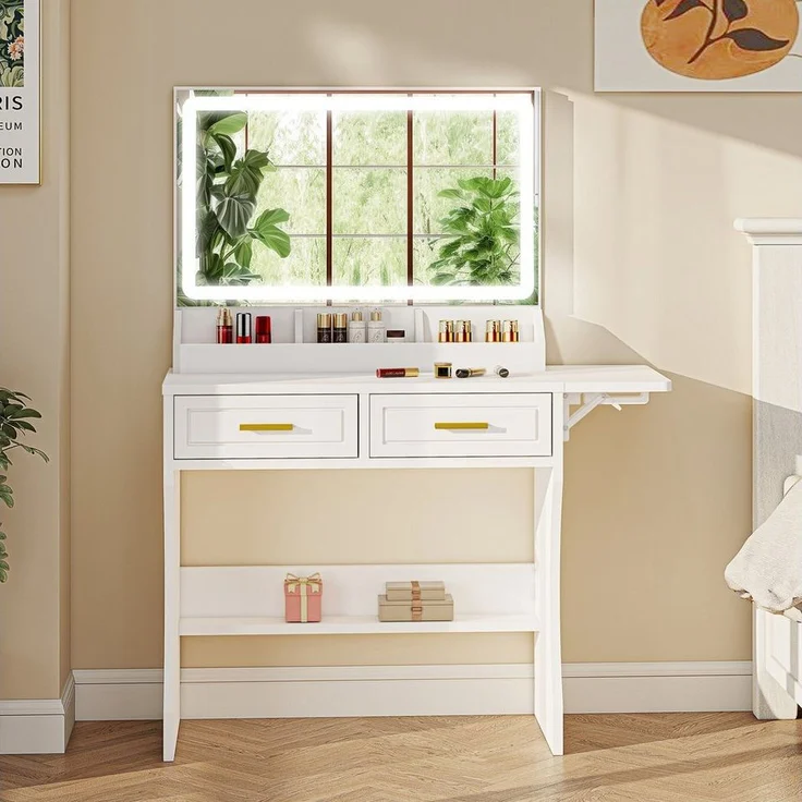 oyajia Schminktisch mit Spiegel und LED Mit 2 Schubladen und 3 Ablagefächern, mit Spiegel, Beleuchtung, 3 Lichtfarben,einstellbare Helligkeit – Bild 1