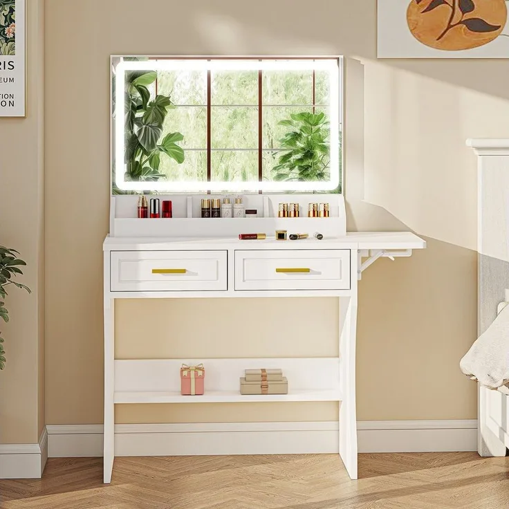 oyajia Schminktisch mit Spiegel und LED Mit 2 Schubladen und 3 Ablagefächern, mit Spiegel, Beleuchtung, 3 Lichtfarben,einstellbare Helligkeit