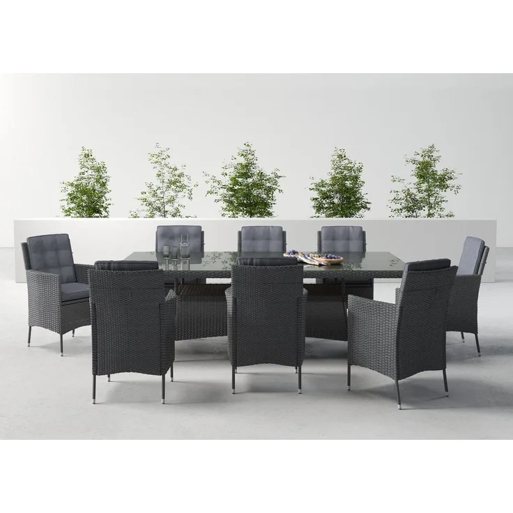KONIFERA Garten-Essgruppe Korfu, (Set, 17-tlg, 8x Sessel, 1x Tisch 200x100x73,5cm, inkl. Auflagen, inkl. Schutzhülle), Polyrattan, Stahl, Ablagefläche unter der Tischplatte, Dunkelgrau