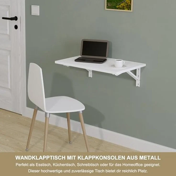 KDR Produktgestaltung Klapptisch 60x40 Wandklapptisch Esstisch Küchentisch Schreibtisch Wand Tisch, Weiß – Bild 3