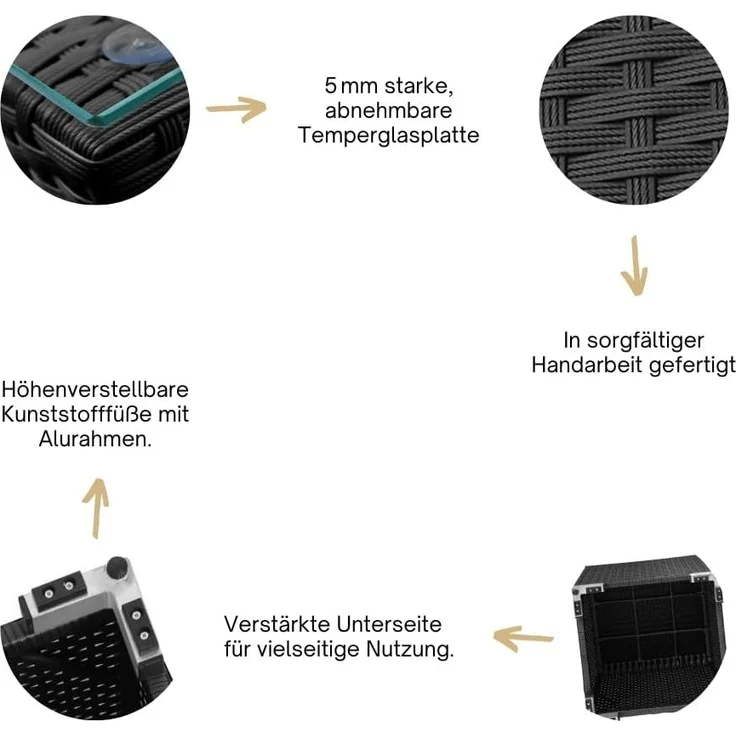 RS Trade® 'Toscana' Polyrattan Beistelltisch mit verstärktem Alu-Gerüst und Temperglas Tischplatte, mit Spannbändern und höhenverstellbaren Standfüßen, schwarz – Bild 4