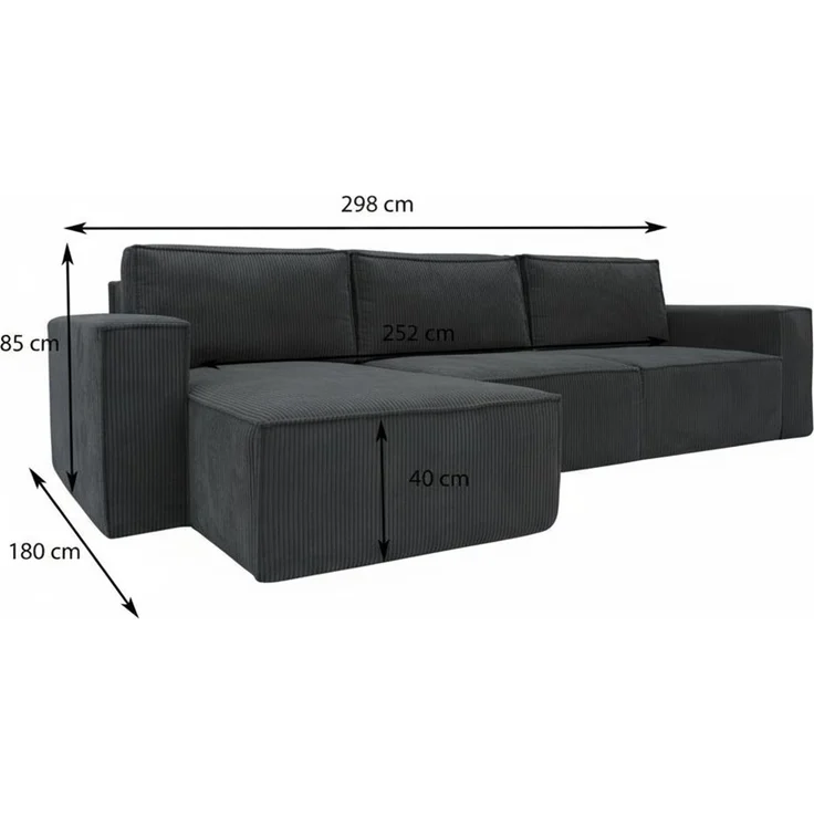 Wohnero24 modernes Ecksofa MARVIN Cord Dunkelgrau 298x180 cm – Eckcouch L-Form mit Schlaffunktion 250x150 cm, universelle Ottomane – Bild 4