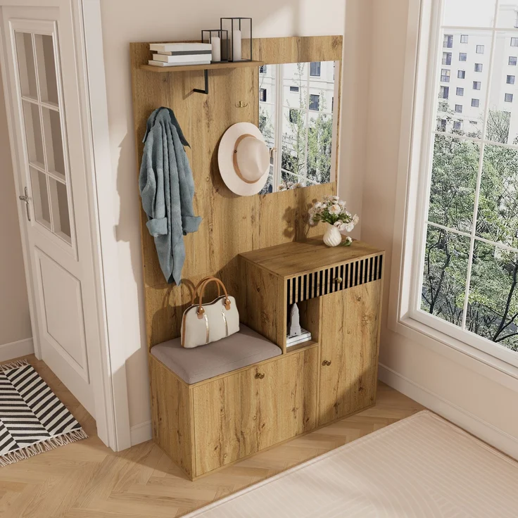 Flurschrank 110x37x185.5cm mit Sitzfläche,Soft-Close,verstellbaren Regalen,Spiegel,Haken,Schubladen,Stauraum,Natur – Bild 4
