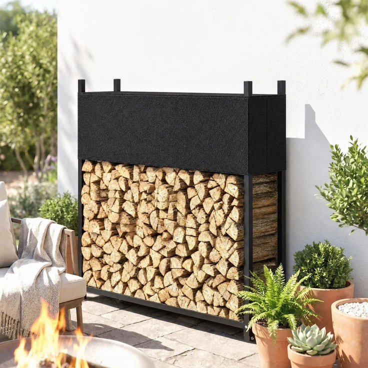 Outsunny Kaminholzregal, Verzinkter Stahl, Schwarz, 106L x 25B x 113H cm – Bild 2