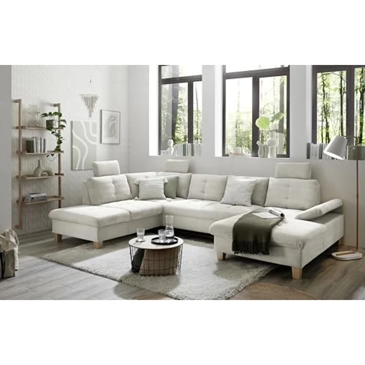 Wohnlandschaft Ascot mit Cord-Bezug und Schlaffunktion in Creme, U-Form inkl. Kopfstützen, Bettkasten und Verstellbarer Armlehne - 324 x 107 x 218 cm (B/H/T) – Bild 1