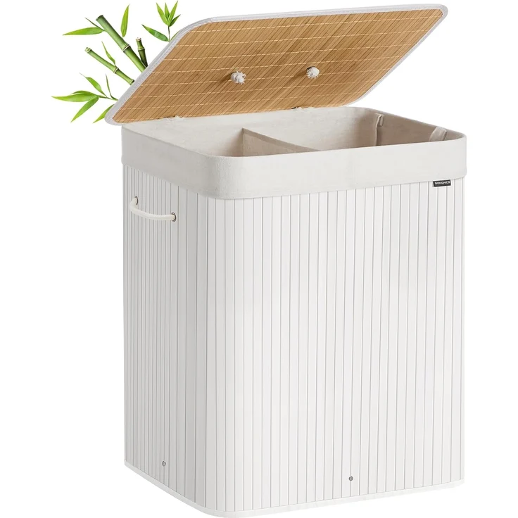 SONGMICS Wäschekorb 2 Fächer, 100 L Wäschesammler mit Deckel, Wäschebox Bambus, mit Griffen, faltbar, Wäschesack herausnehmbar maschinenwaschbar, Waschküche, braun, grau – Bild 1