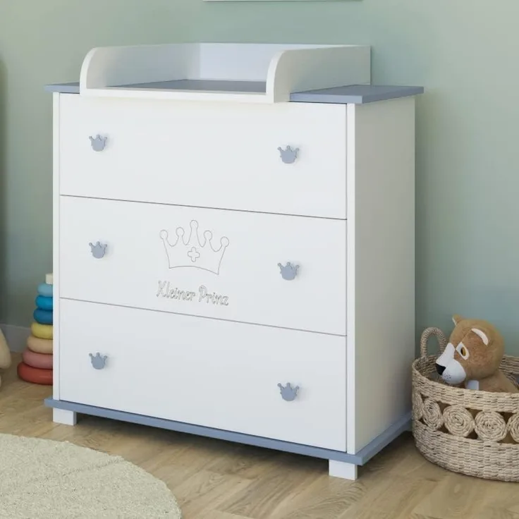 Kids Collective Wickelkommode Kommode Wickeltisch mit Wickelaufsatz mit 3 Schubladen, Kleiner Prinz Gravur in weiss blau Junge Made in Europe