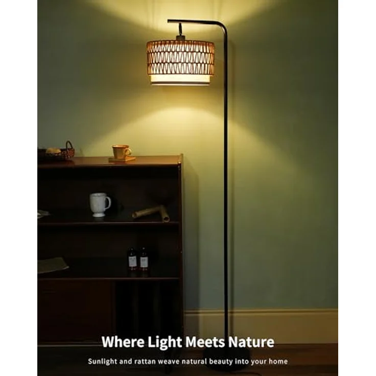 LuminexDesigns Rattan Stehlampe Boho für Wohnzimmer, Vintage Rustic E27 Stehleuchte Schlafzimmer mit Doppel-Lampenschirm, 173 cm Hoch, Schwarz, Schwer Standfuß, Verstellbarer Lampenkopf, Fußschalter – Bild 9
