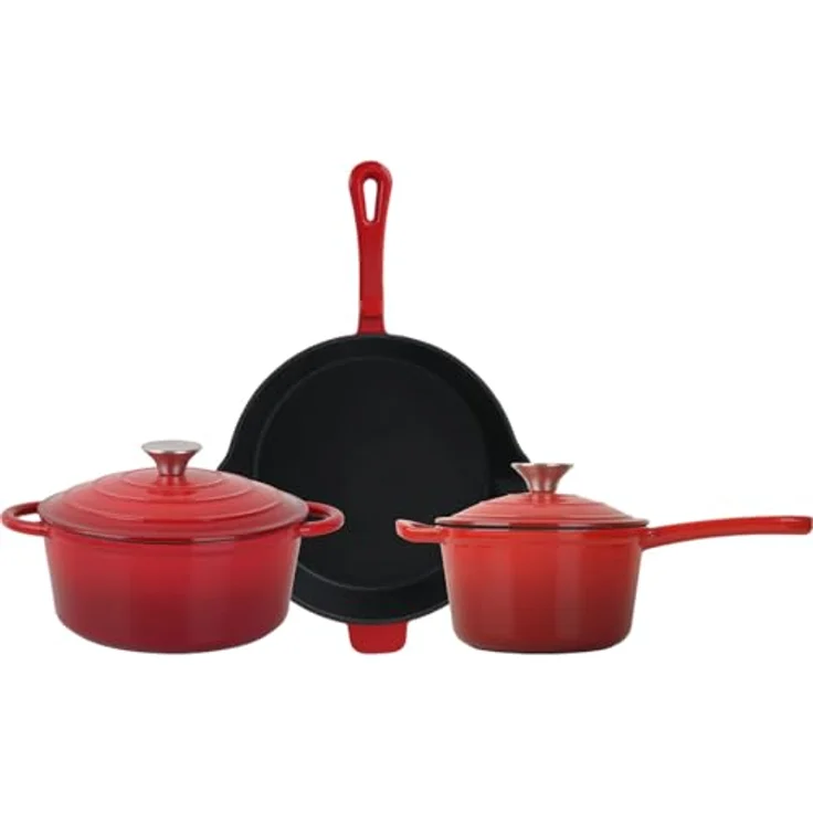 Casativo Gusseisen Topf-Set, 3-teilig, rot, geeignet für alle Herdarten und Backofen, perfekte Wärmeverteilung – Bild 8