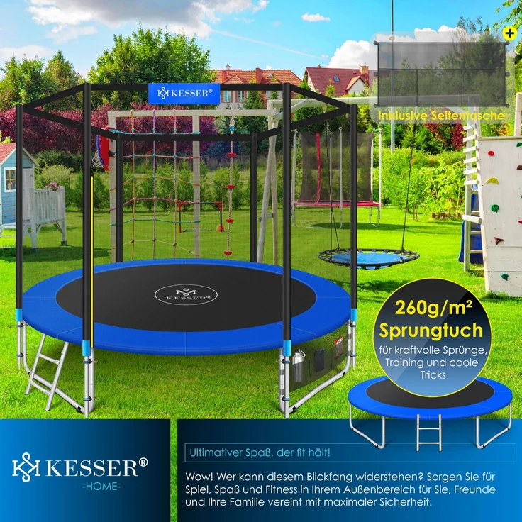 KESSER® - Trampolin | TÜV Rheinland GS Zertifiziert | Komplettset mit Sicherheitsnetz, Leiter, Randabdeckung, Seitentasche & Zubehör | Kindertrampolin Gartentrampolin Belastbarkeit 150 kg Blau, 427 cm – Bild 4