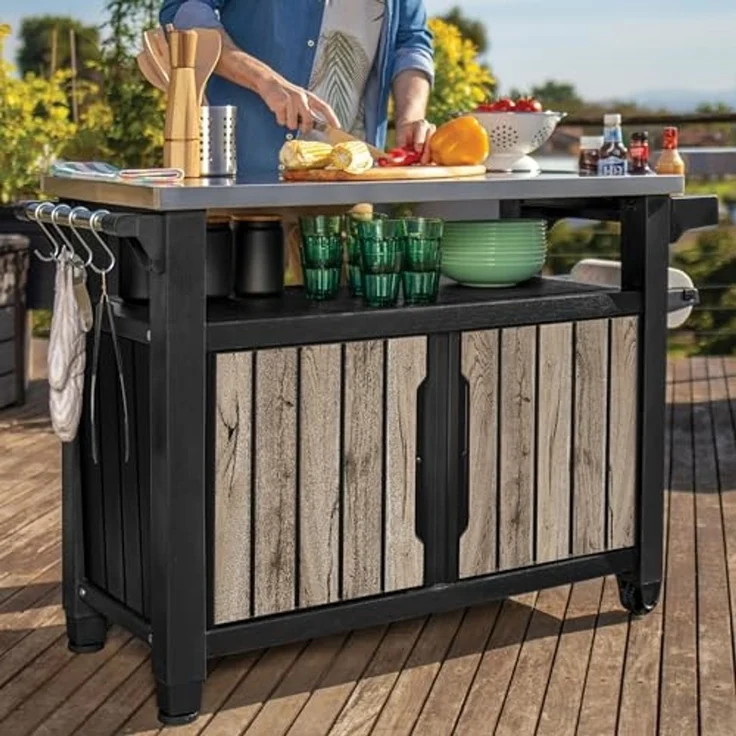 Keter Grillablagetisch UNITY XL in Holzoptik Pinie, aus Kunststoff mit Edelstahlplatte (mit Küchenrollenhalterung, Aufhängungen), abschließbar, UV- und witterungsbeständig – Bild 5