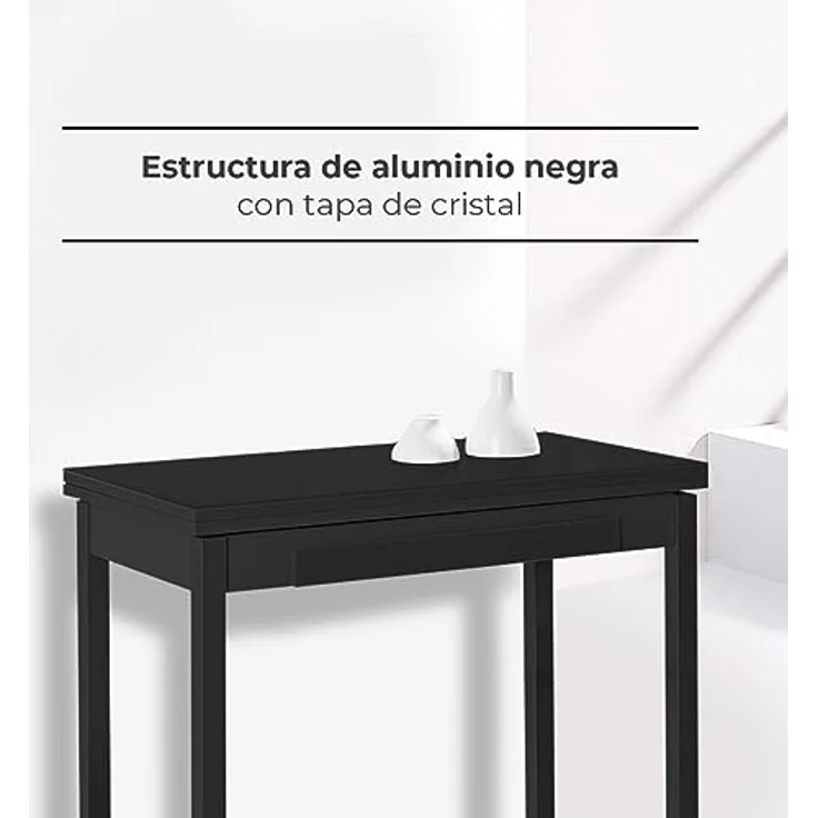 ASTIMESA - Küchentisch mit Schublade - Tisch mit Glasplatte in Schwarz - Minimalistisch - Gestell aus schwarzem Laminat - Tisch ausziehbar von 80 x 40 cm bis 80 x 80 cm – Bild 3