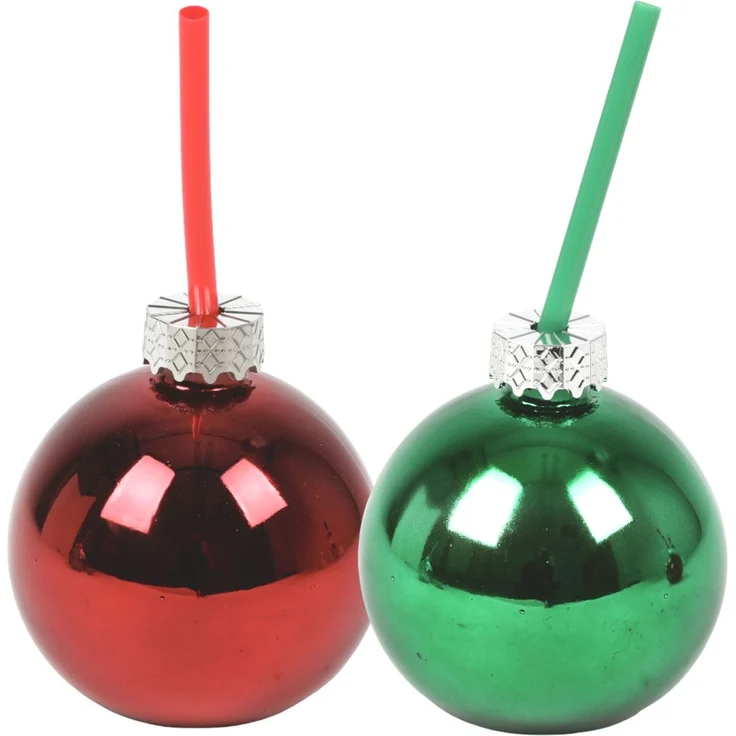 Trinkglas Christbaumkugel 400 ml mit Trinkhalm | Glitzernde Weihnachtskugel aus Glas | Originelles Partyglas & Geschenkidee für Weihnachten – Bild 1