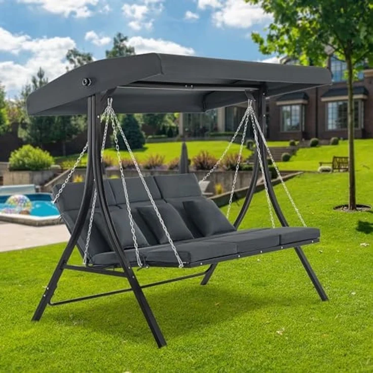 M MCombo Hollywoodschaukel mit Liegefunktion, Gartenschaukel 3 Sitzer Wetterfest, Outdoor Schaukelbank mit Metallketten, Verstellbarem Dach, 123*194*169 cm, 8018 (Dunkgelgrau) – Bild 2