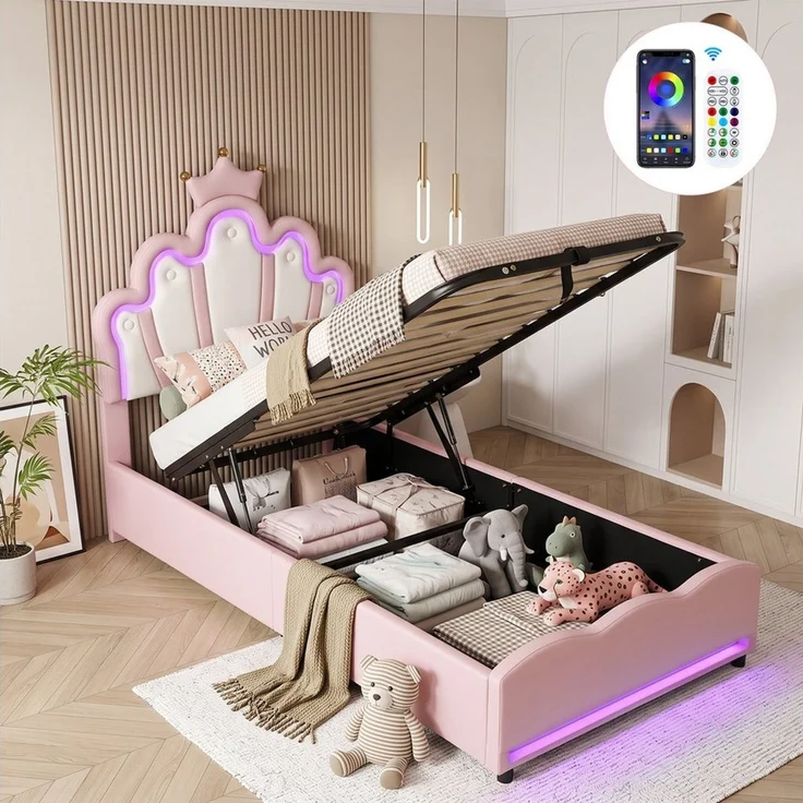 oyajia Polsterbett LED Kinderbett mit krone-Form Prinzessinnenbett (PU-Leder material Polsterbett mit Lattenrost und verstellbares gepolstertes Kopfteil), Modernes Jugendbett, Leises Design, Einfach zu montieren und stabil – Bild 1
