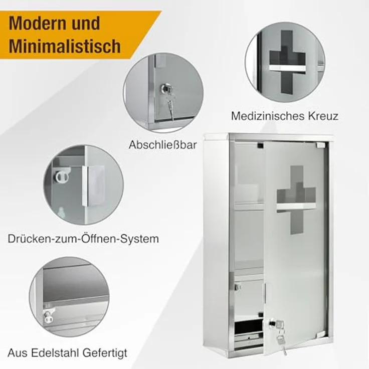 Zedelmaier Medizinschrank aus Edelstahl,Medikamenten Aufbewahrung,Medikamentenschrank 3 Fächer,Apothekerschrank,Medizinschrank hängend,Abschließbarer Medizinschrank,48 x 27 x 12 cm,Silber – Bild 7