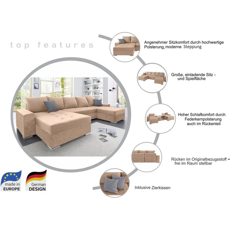 COLLECTION AB Wohnlandschaft Josy XXL U-Form, B: 333 cm, mit 2 Recamieren 77 & 97 cm, Schlaffunktion, Bettkasten & 2 Zierkissen, Federkern – Bild 3