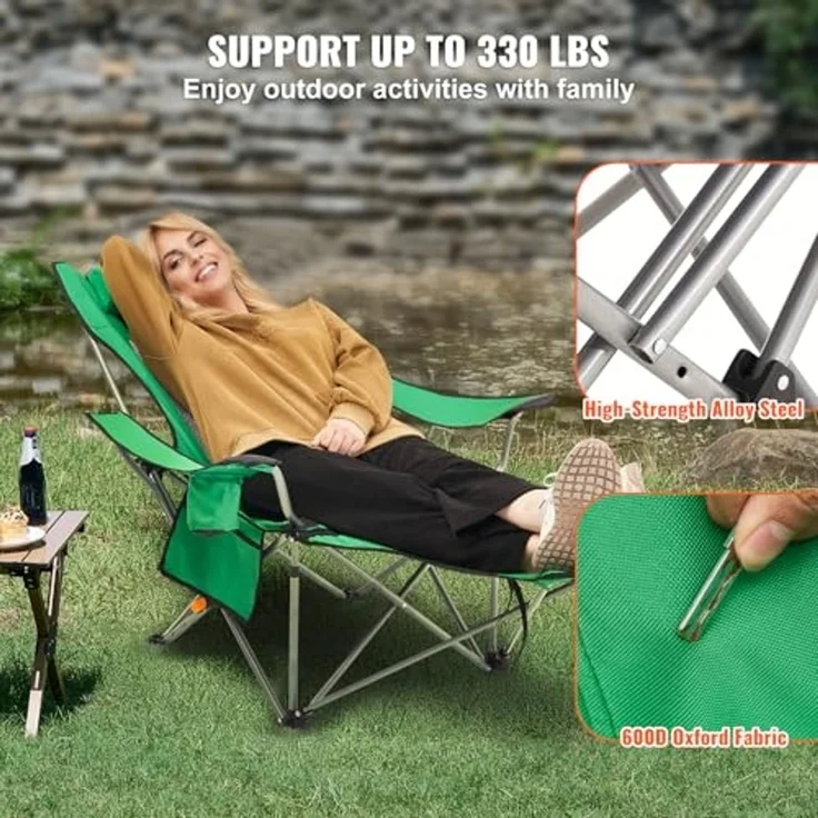 VEVOR Campingstuhl 150 kg, Campingliege, 4-Fach belastbarer Gartenstuhl mit Fußstütze, Getränkehalter, Seitentasche und Kopfstütze, Klappstuhl für Camping, Angeln und Outdoor-Aktivitäten, Grün – Bild 5