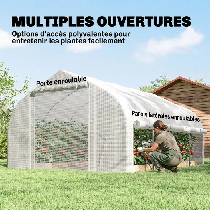 MELAYR, 12 m² Tunnelgewächshaus, Mit Tür und 8 Fenstern, PE-Folie (140 g/m²), 400 x 200 x 200 cm, weiß – Bild 6