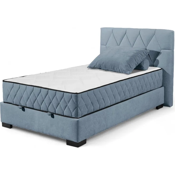NAGOL B Boxbett 120x200, Denim - Bequemes Bett mit Bettkasten und Premium 9-Zonen-Federkern Wendematratze - 145 x 114 x 214 cm (B/H/T)