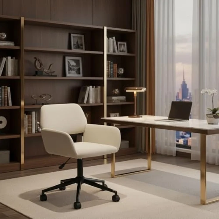 FurnitureR Schreibtisch Stuhl Chenille Stoff höhenverstellbarer Drehstuhl, ergonomischer Bürostuhl mit Armlehne für Büro Schlafzimmer Arbeitszimmer, Beige – Bild 4