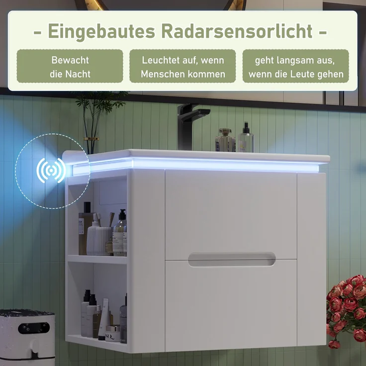 Flieks Waschtisch 61×46×48.5 cm, Wandhängender Badezimmerschrank mit LED, 2 Schubladen, seitliche Ablagen, integriertes Keramikbecken, weiß – Bild 7