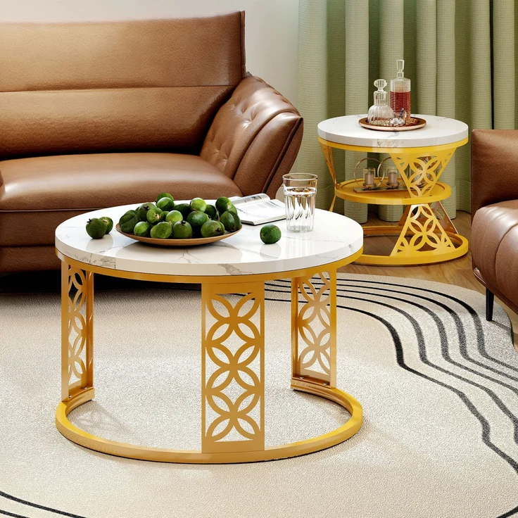 2er-Set runder Couchtisch aus Marmor-Furnier mit Kontrastdesign, nestbar, 70x70x45 cm + 45x45x37 cm – Bild 5