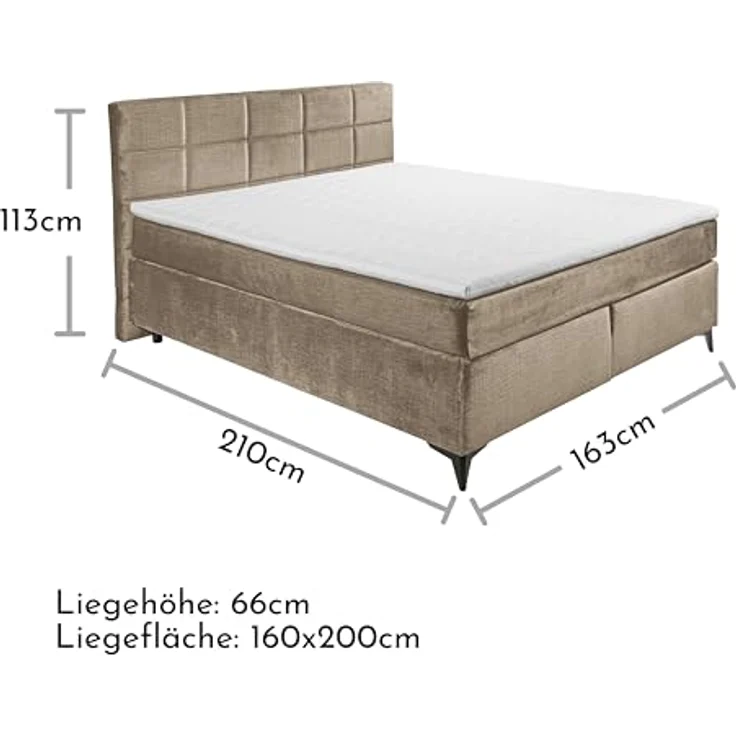 Stella Trading NAVARRA 6 Boxspringbett 160x200, Stone - Bequemes Doppelbett mit 7-Zonen-Federkern Matratze & Kaltschaum Topper - 163 x 113 x 210 cm (B/H/T) – Bild 4