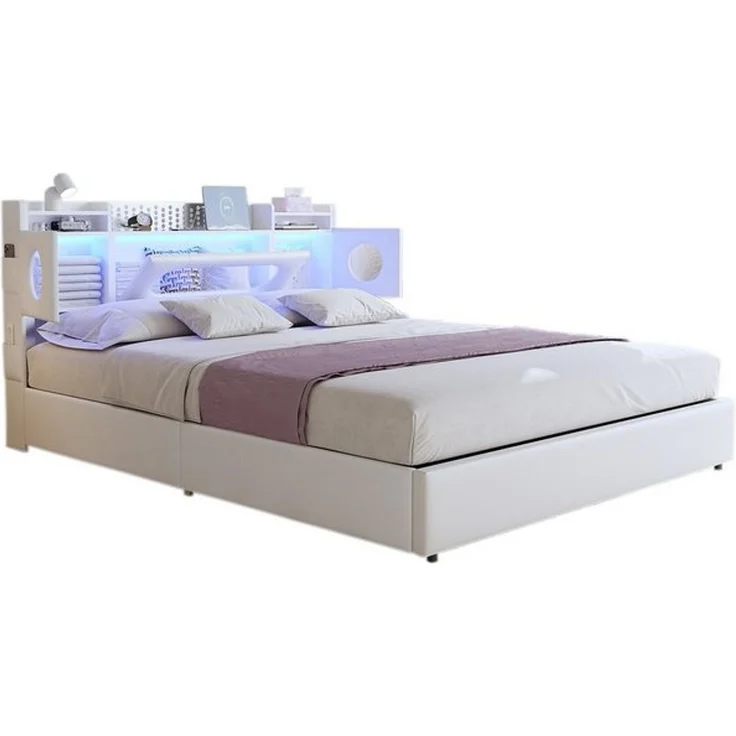 FUROKOY Stauraumbett Polsterbett Doppelbett mit LED-Beleuchtung (Aufklappbares Kopfteil mit Stauraum und Ladeanschluss), Hydraulikbett Funktionsbett, PU, Weiß, 140x200cm – Bild 4