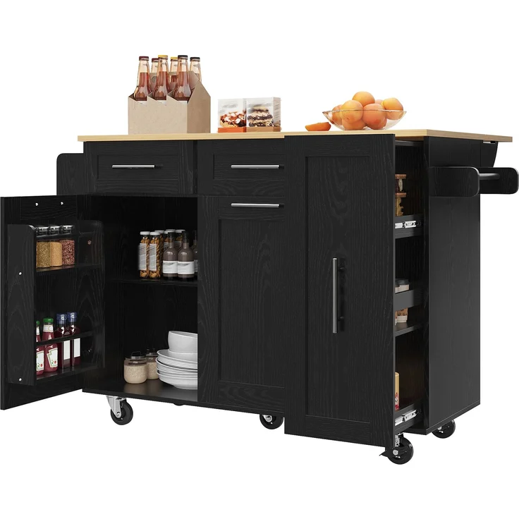 Moderne Kücheninsel, Küchenschrank, buffetschrank, Speisewagen mit Holzmaserung, Multifunktionale Esstisch mit Speicherraum, Speisewagen mit Snackregalen und Stretchfunktionsschränken, Schwarz – Bild 9
