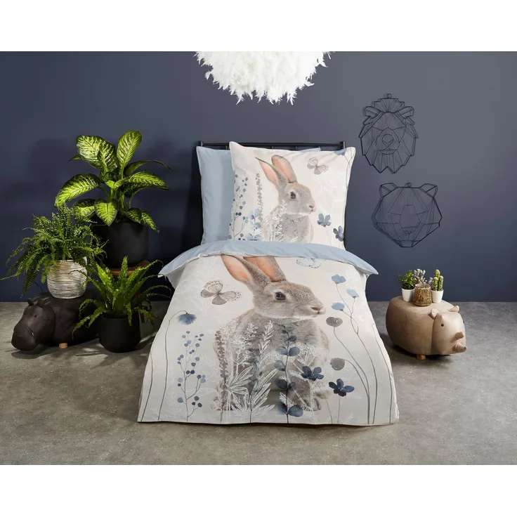 Good Morning Kinder Bettwäsche 135x200 Ravi Hase Wende hellblau braun-grau 30724