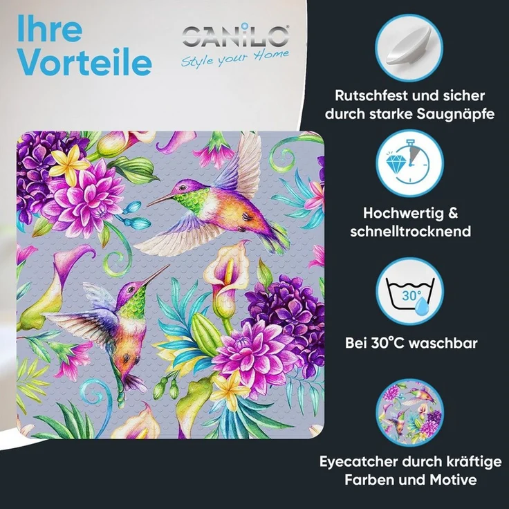 Sanilo Duschmatte, mit Motiv, rutschfest, waschbar, quadratisch, 230 extra starke Saugnäpfe, Kunststoff PVC, 53 x 53 cm, Kolibri – Bild 2