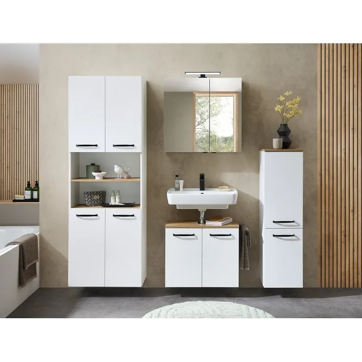 Saphir Hochschrank Quickset 500, Badschrank 61,6 cm breit, 4 Türen 4 Einlegeböden, 1 offenes Fach, Badezimmer-Hochschrank