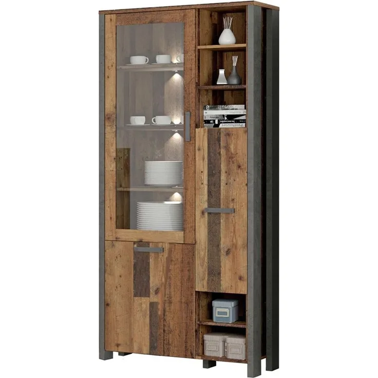 FORTE Clif Highboardvitrine, Holzwerkstoff, Grau/Braun, 91,6 x 205,4 x 41,4 cm
