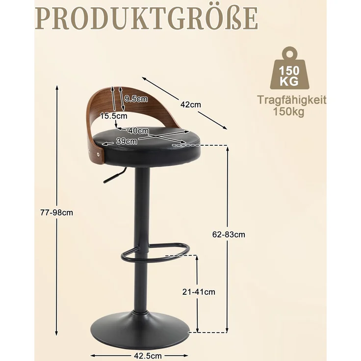 LVHOM Barstuhl 2er Set, 360° drehbarer Barhocker mit Rückenlehne und Fußstütze, höhenverstellbarer Tresenhocker aus Bugholz & PU-Leder, Schwarz – Bild 6