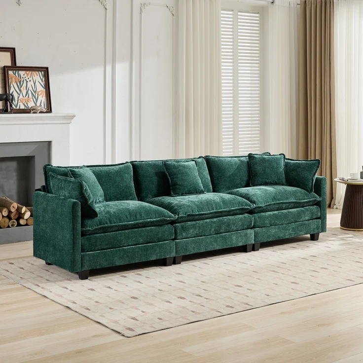 Cloud-Sofa 3 Sitzplätze (ohne Stuhlschläger),moderne Kombinationssofa geeignet für das Wohnzimmer Schlafzimmer und Wohnung bequeme Doppel-Kissenkissen atmungsfreier 80% Schneier Stoff,Schneier Stoff,grün, – Bild 1