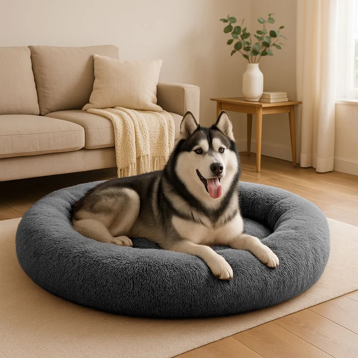 belviona Donut-Hundebett, kuscheliges Plüschbett mit weicher Füllung, sicherem Halt & ergonomischem Rand, 120 cm Durchmesser, anthrazit – Bild 1