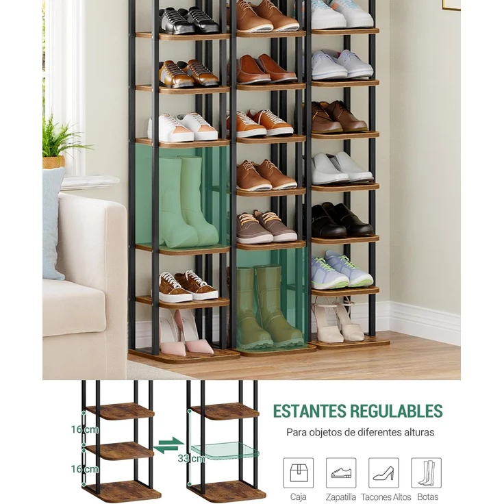 Vertikales Schuhregal, 12-Stockige Schuhregale, Schuhturm für kleine Räume, Freistehend, Verstellbar, Platzsparend, Braun und Schwarz – Bild 4