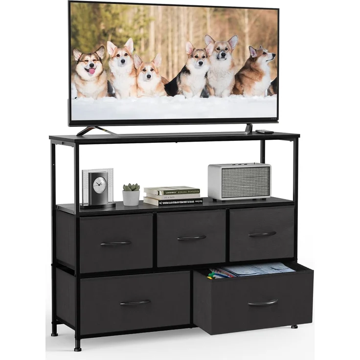 Sweetcrispy Kommode,TV Schrank Stand für Schlafzimmer mit 5 Stoffschubladen,Sideboard Wohnzimmer für 115cm TV,Einstellbare Füße Schubladenschrank,Komodenschrank für Schlafzimmer,Klassisch Schwarz