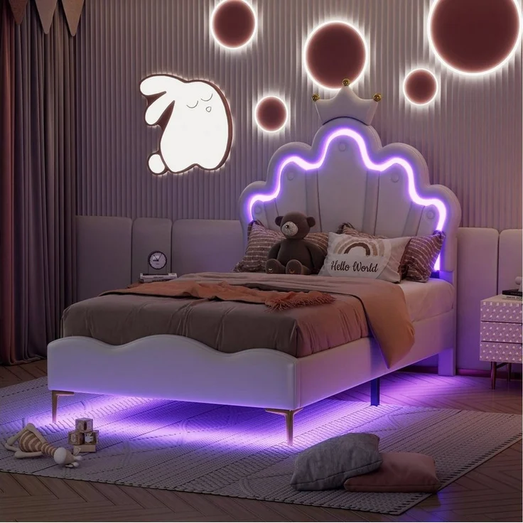 Flieks Polsterbett, LED Kinderbett Einzelbett mit krone-Form Prinzessinnenbett 90x200cm – Bild 3