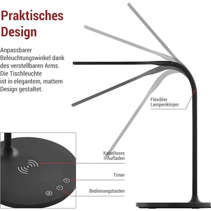 EMOS LED Tischlampe OSCAR, dimmbar, 360lm, einstellbare Lichtfarbe, hohe CRI >90, schwarz, mit Ladestation und Timer, 5,5W, Z7637B – Bild 4