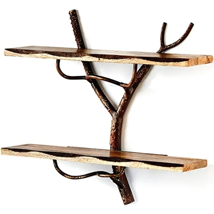 Kobolo Wandregal Hängeregal Bücherregal -AST Zweig- 2 Böden - 46 x 15 x 42 cm - Eisen Holz