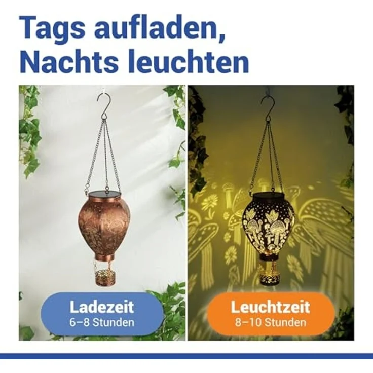 Maximex Solar Gartenleuchte Heißluftballon in Bronze-Optik, hängend, warmweiße LEDs, Dämmerungssensor, wetterfest, Solarleuchte für Garten, Balkon und Terrasse, Ø 15x47 cm, Metall – Bild 2