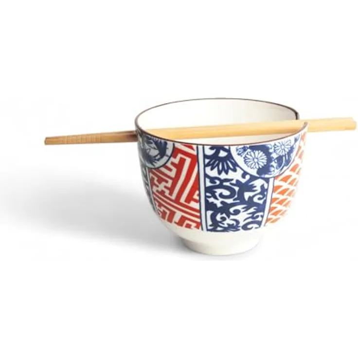 WestCraft Snackschale Soba-Bowls ASIATICA, Porzellan-Schale, Reis mit Stäbchenhalter Ø 13 cm, Porzellan, (3-tlg), Inkl. Essstäbchen - ideal für Soba, Ramen, Udon oder Reisgerichte.